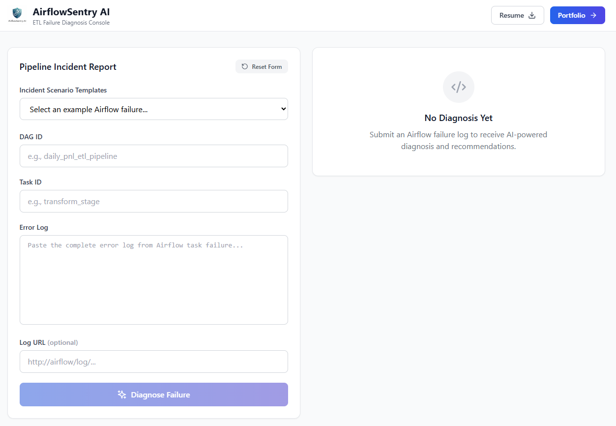 AirflowSentry AI — ETL Failure Diagnosis Console platform screenshot 1