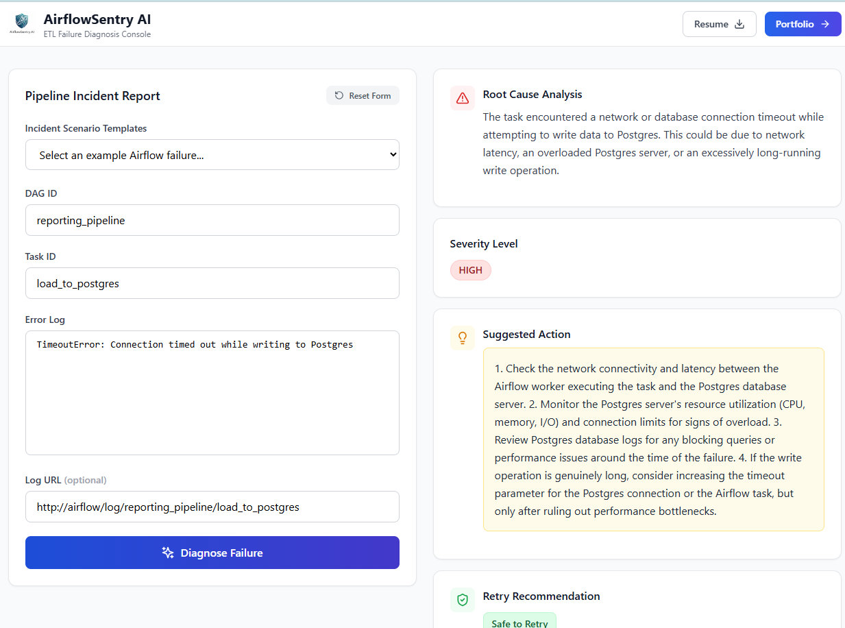AirflowSentry AI — ETL Failure Diagnosis Console platform screenshot 2